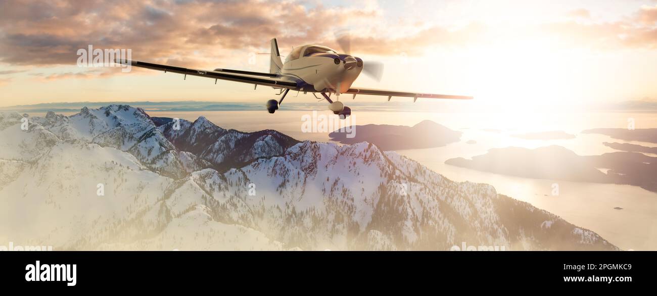 Flugzeug, das über die Kanadische Berglandschaft fliegt. Adventure Travel Konzept Stockfoto