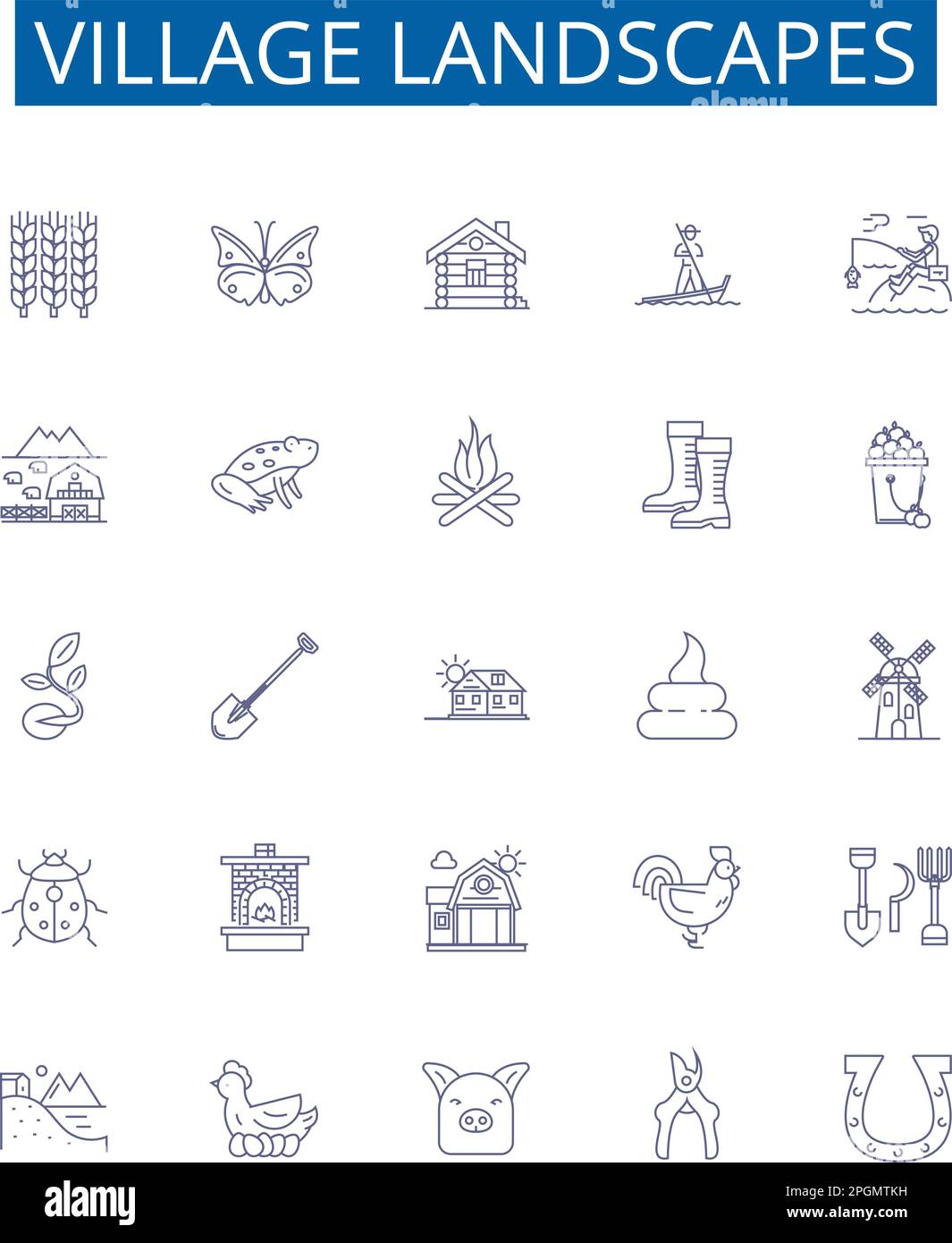 Dorflandschaften, Symbole, Schilder. Design-Sammlung von Village, Landscape, Vistas, Horizon, Vororten, Fields, Houses, Cottages (Felder, Häuser, Hütten) umreißen das Konzept Stock Vektor