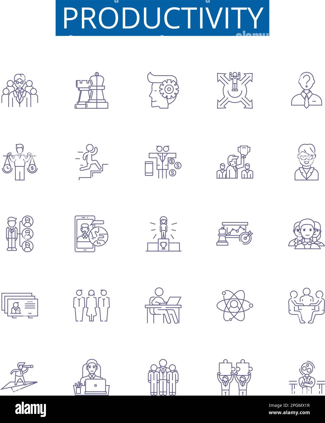 Symbole für Produktivitätslinien festgelegt. Design-Sammlung von Effizienz, Leistung, Qualität, Output, Rentabilität, Optimieren, Beschleunigen, Optimieren Stock Vektor