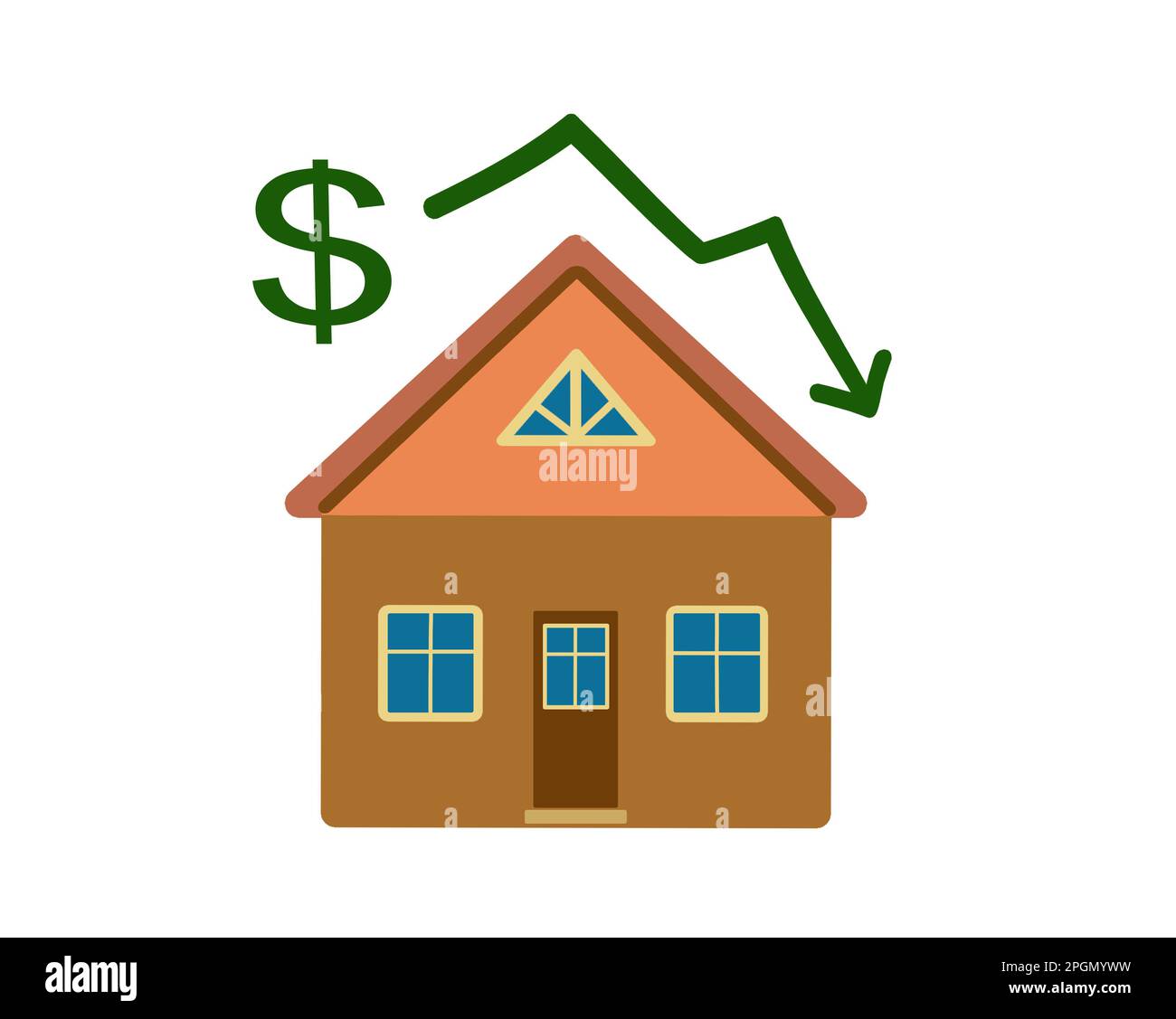 Eine Immobilie mit einer Preisgrafik in US-Dollar-Währung. Das Konzept des Zusammenbruchs der Wohnungsmarktwirtschaft. ClipArt der Illustration auf weißem Hintergrund. Stockfoto