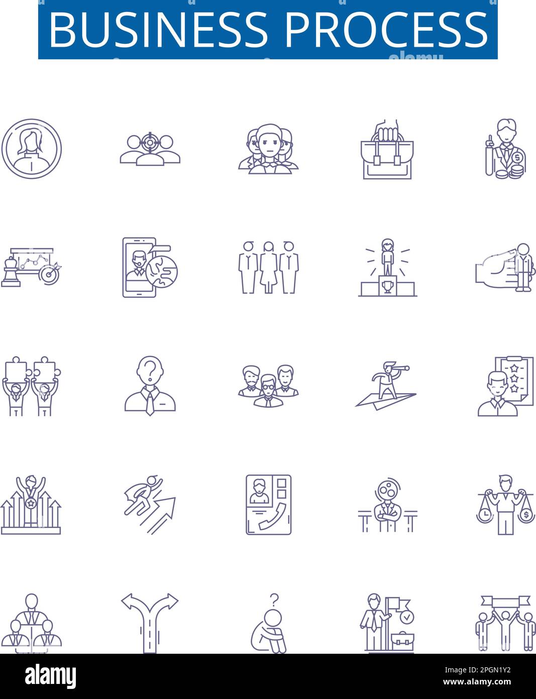 Symbole für Geschäftsprozesszeilen sind gesetzt. Designsammlung aus Finanzen, Produktion, Management, Outsourcing, Automatisierung, Compliance, Planung, Logistik Stock Vektor