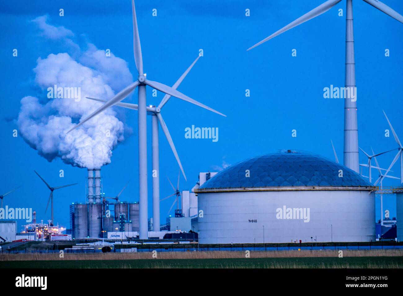 Tankterminal Vopak im Industriehafen Eemshaven, Windpark, Groningen, Niederlande, Stockfoto