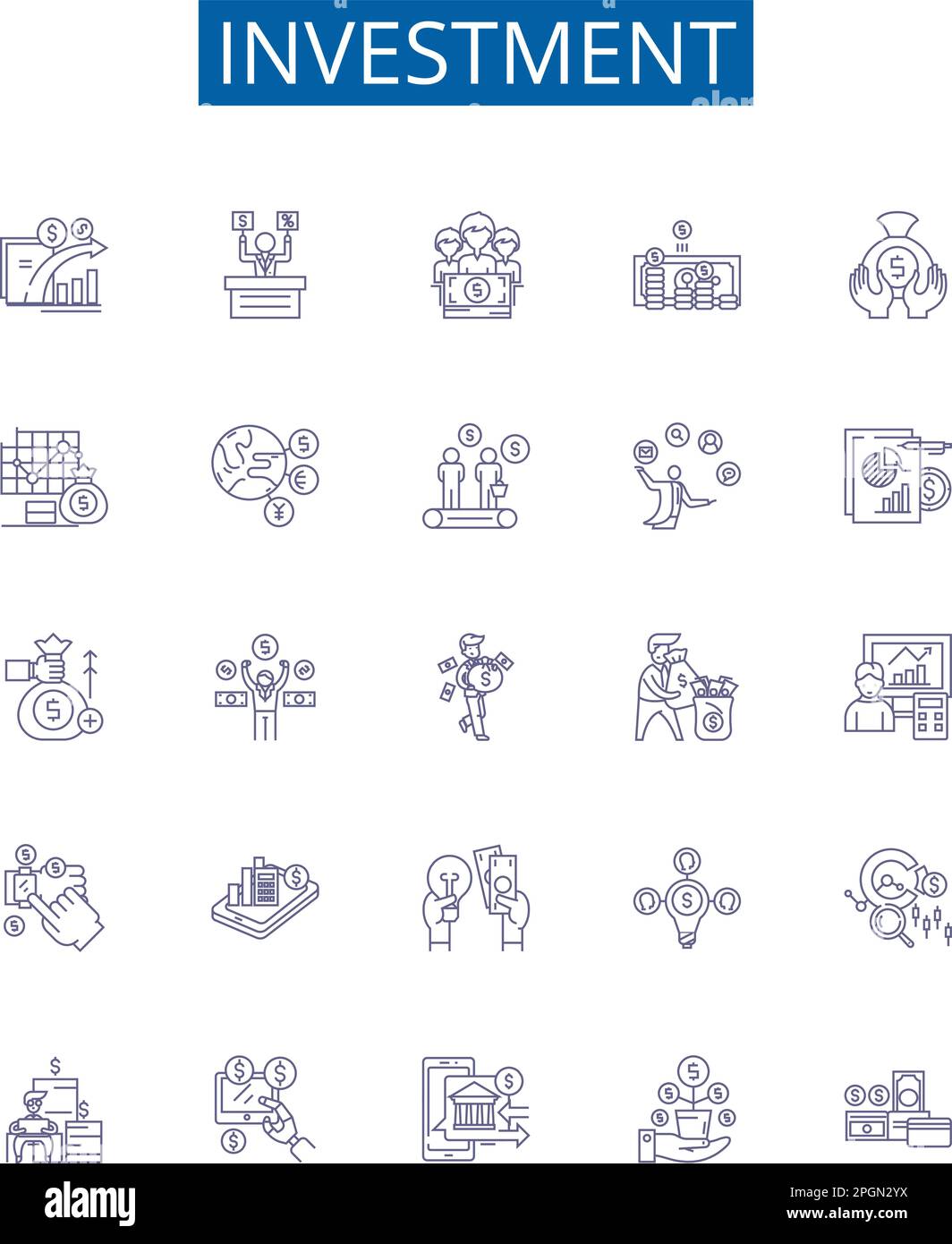 Symbole für Investitionslinien festgelegt. Designsammlung von Finanzierung, Sparen, Kapital, Einlagen, Aktien, Eigenkapital, Ressourcen, Anleihen bilden den Konzeptvektor Stock Vektor