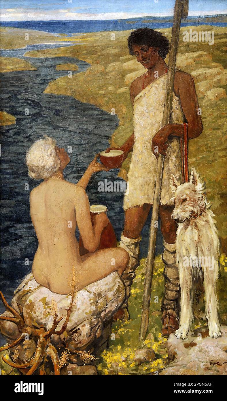 Erler Fritz - Treffen am Fluss - Deutsche Schule - 19. Jahrhundert - Erler Fritz - Begegnung am Fluss - Deutsche Schule - 19. Jahrhundert Stockfoto