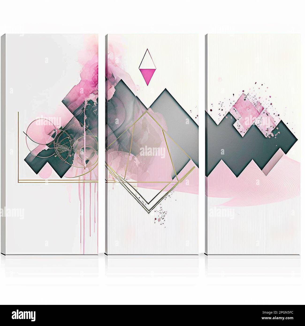 Stellen Sie drei abstrakte, moderne Wandmalereien aus der Mitte des Jahrhunderts mit geometrischem Muster auf. Einrichtung mit geometrischen Formen an den Wänden. Minimalistische skandinavische Wanddekorationen, Stockfoto