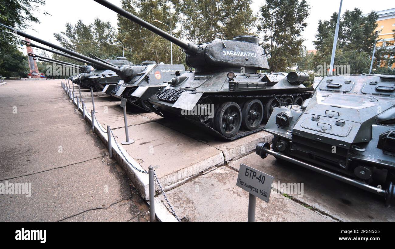 Chita, Zabaykalsky Krai, Russland - 9. August 2021: Museum der sowjetischen Panzer in der Stadt auf der Straße. Stockfoto