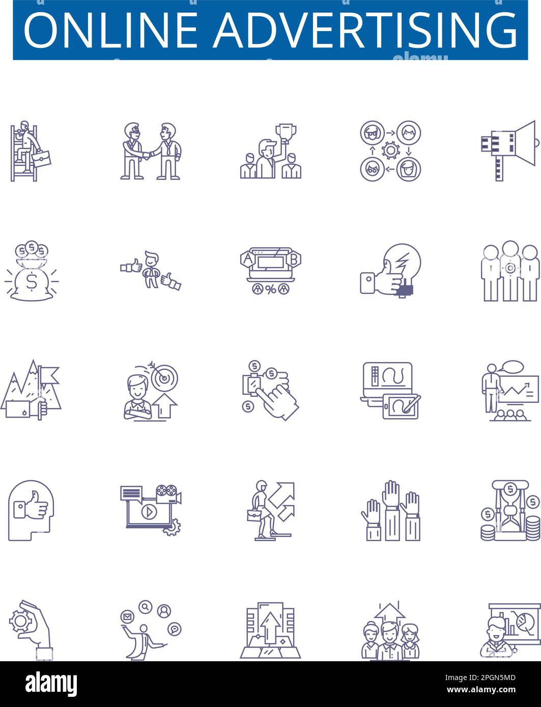 Symbole für Online-Werbelinie. Design-Sammlung von Digital, Werbung, Internet, Werbeaktionen, Marketing, Optimierung, Platzierung, Markendarstellung Stock Vektor