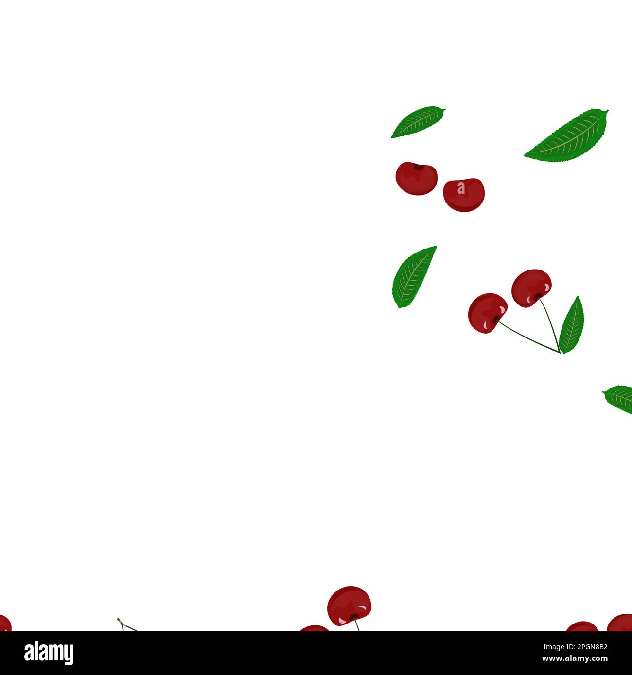 Nahtloses Vektormuster mit köstlichen roten Kirschbeeren und Blättern auf weißem Hintergrund. Gesundes Essen drucken Stock Vektor