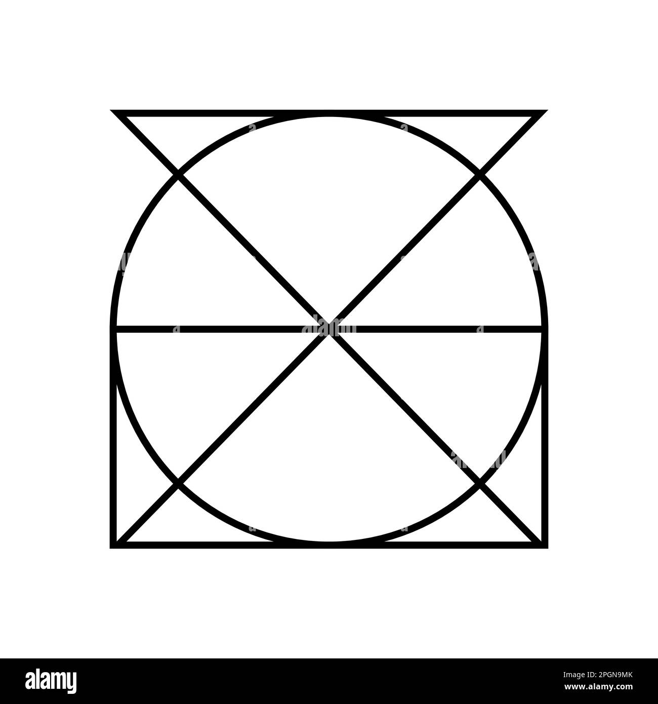 Einfarbige Vektorgrafik eines Logos, das aus einem Kreis in einem Rechteck besteht, dessen diagonale Linien sich symmetrisch kreuzen Stock Vektor