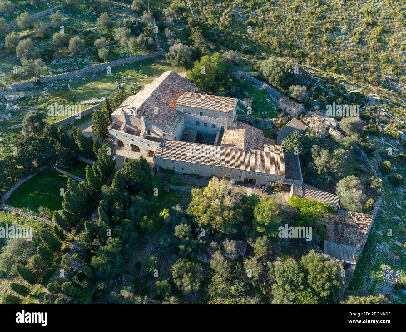 Spanien, Mallorca, Arta, aus der Vogelperspektive des Klosters Ermita de Betlem Stockfoto
