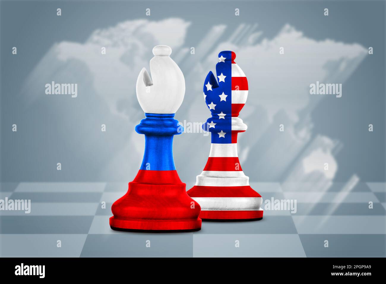 Schachfiguren in Farbe russischer und amerikanischer Flaggen an Bord Stockfoto Schachfiguren in Farbe russischer und amerikanischer Flaggen an Bord Stockfoto