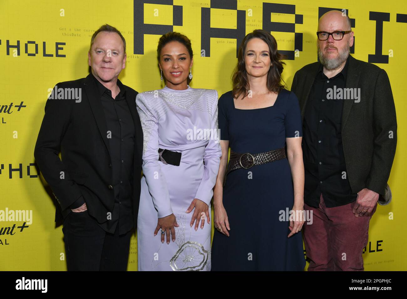 Kiefer Sutherland, Meta Golding, Enid Graham und John Requa besuchen die Vorführung von Paramount+s „Rabbit Hole“ New York im Spyscape Museum & Experience auf Ma Stockfoto