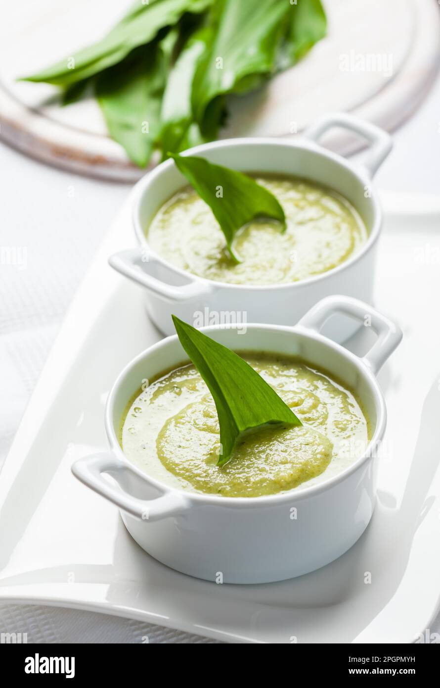 Frische Knoblauchblätter mit Suppe Stockfoto