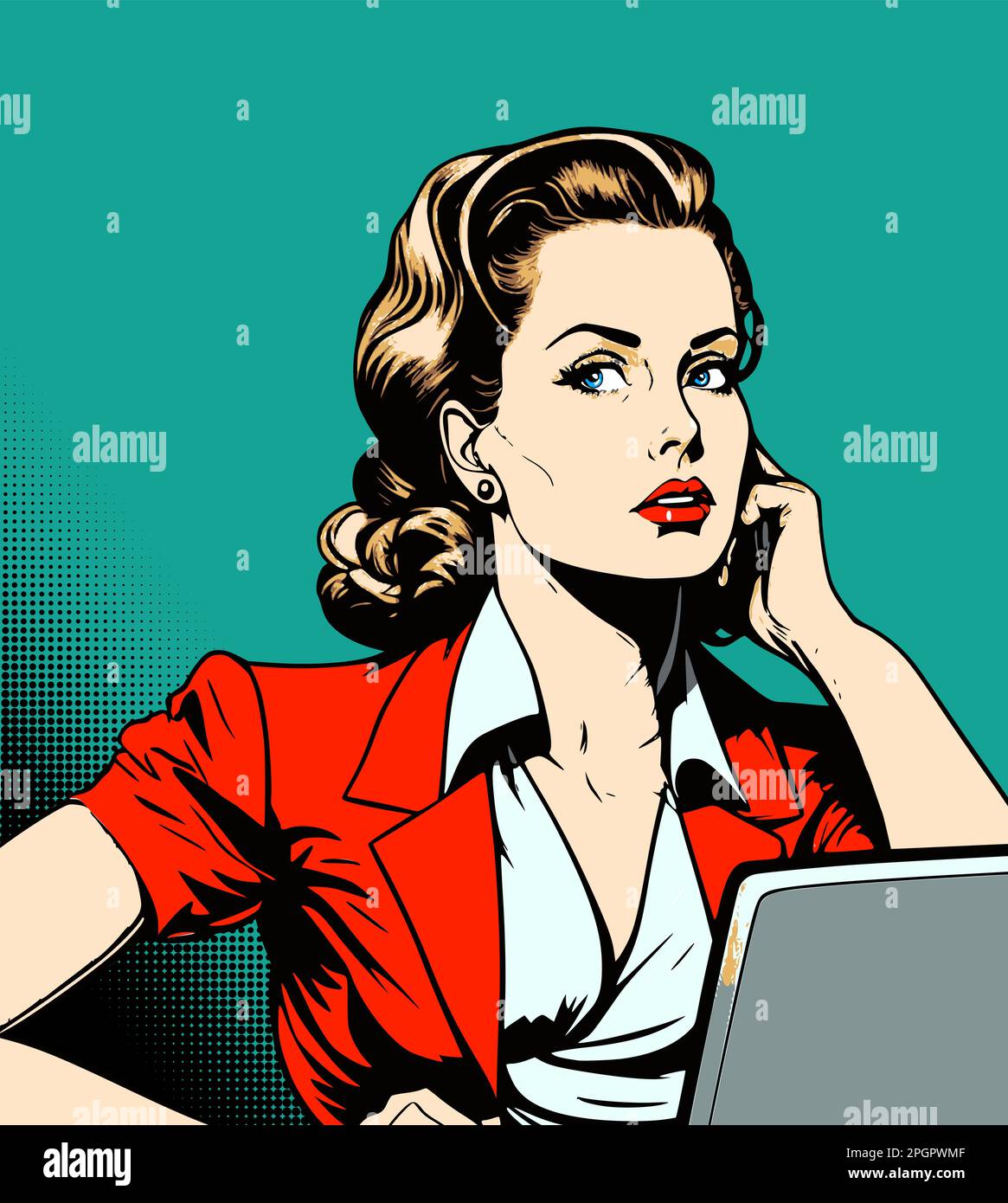 Frau mit Laptop, die am Telefon spricht. Geschäftsfrau in Comics oder Pop-Art-Art, die im Büro arbeitet. Stock Vektor