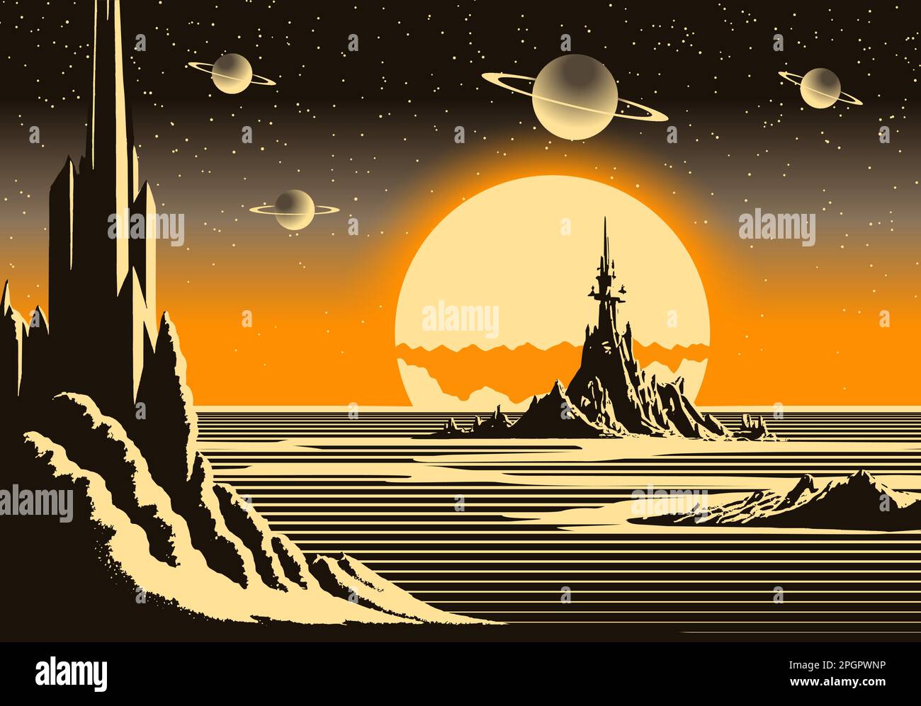 Landschaft mit Bergen und Science-Fiction-Schloss auf einem fernen Planeten. Futuristischer Sonnenaufgang im Stil der Atomzeitalter von 80s. Stock Vektor