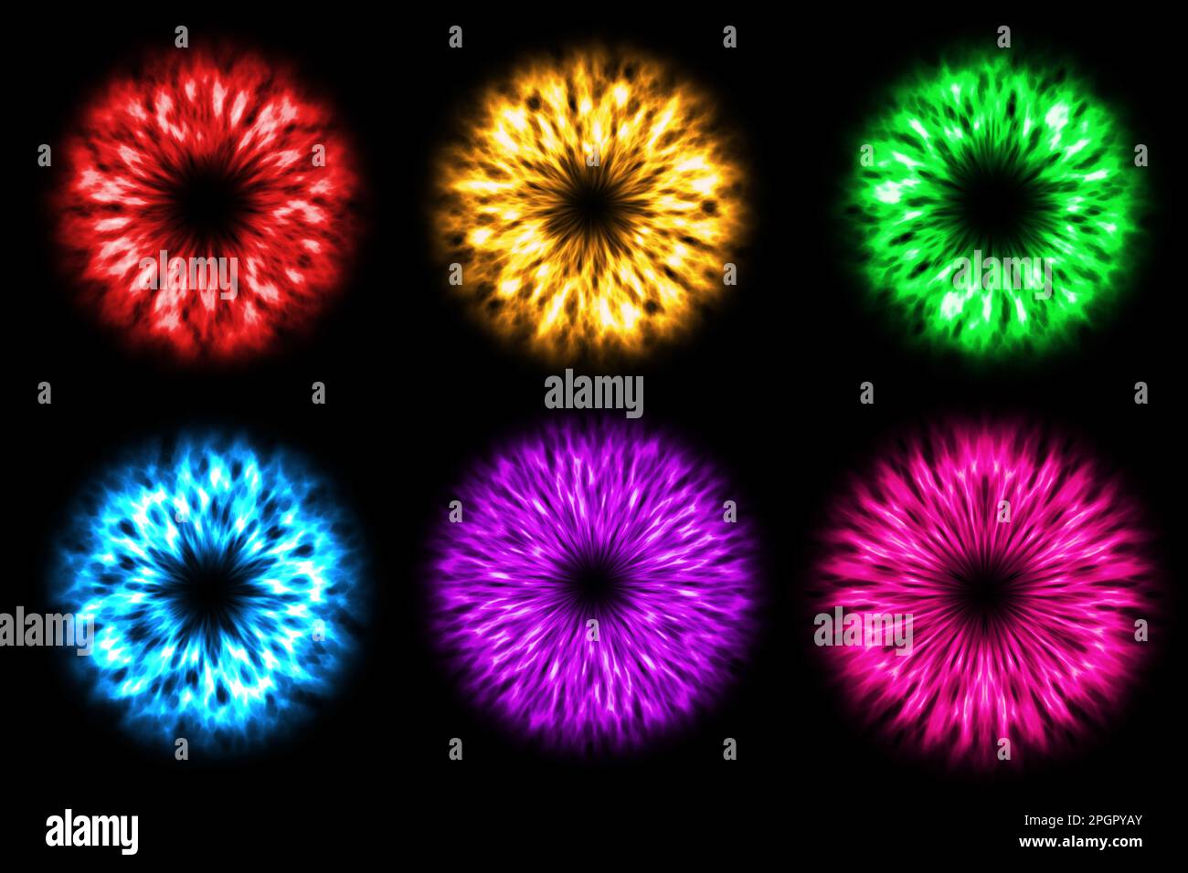 Farbenfrohes Feuerwerk auf schwarzem Hintergrund. Orb rot gelbgrün blau hell violett violett magische Kugel Irisauge Stockfoto