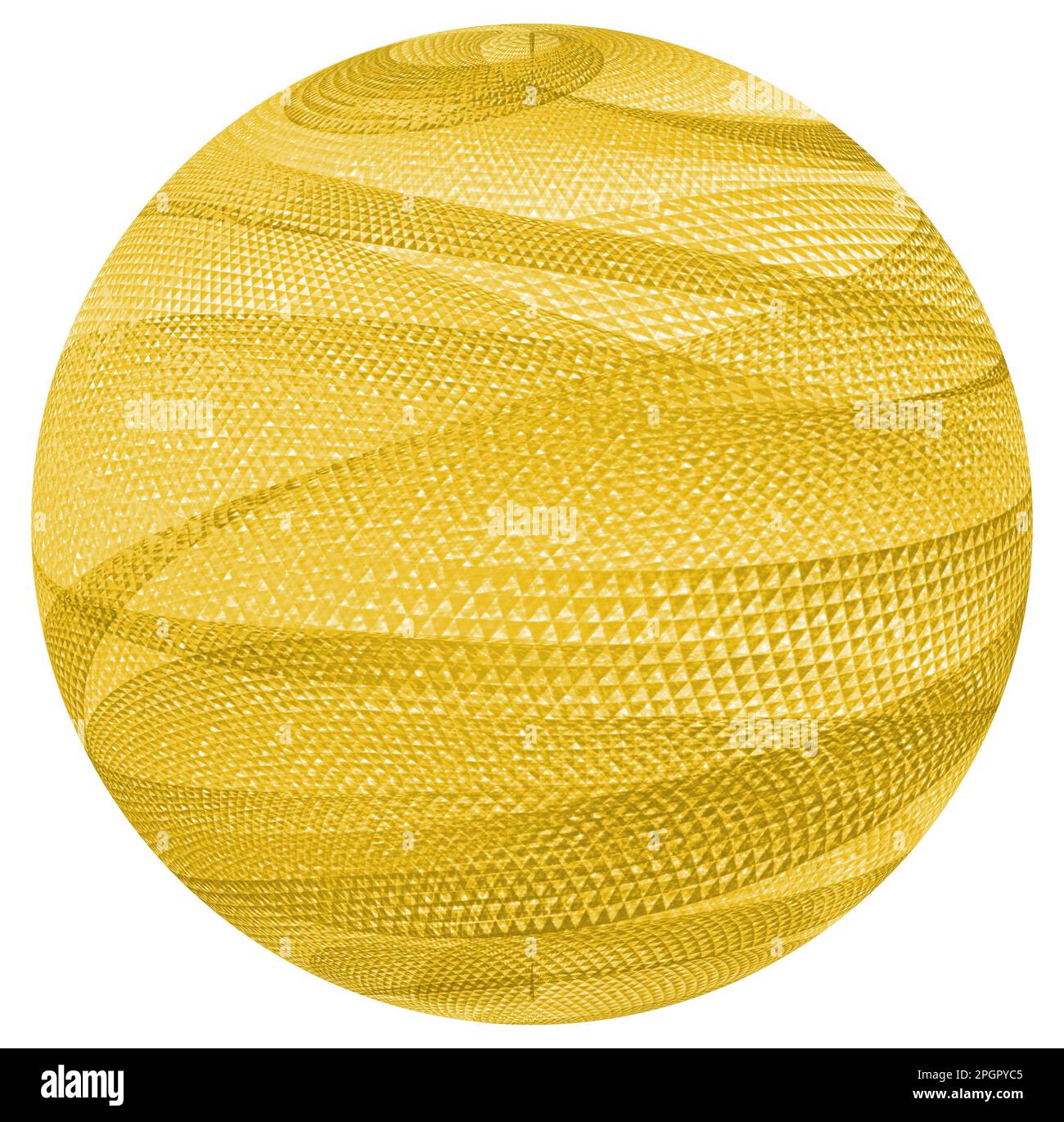 Abstrakte gelbe Kugel auf weißem Hintergrund. 3D Abbildung. Goldene Kugel Kreis 3D Abbildung kleines Dreiecksmuster Wellenstruktur Weißbrot Stockfoto