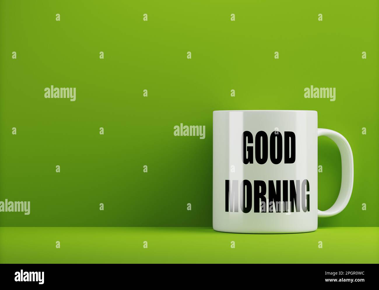 Weißer Becher mit der Aufschrift Good Morning auf grünem Hintergrund, gute Stimmung oder Gefühl, positives Denkkonzept, morgendlicher Start, 3D-Rendering Stockfoto