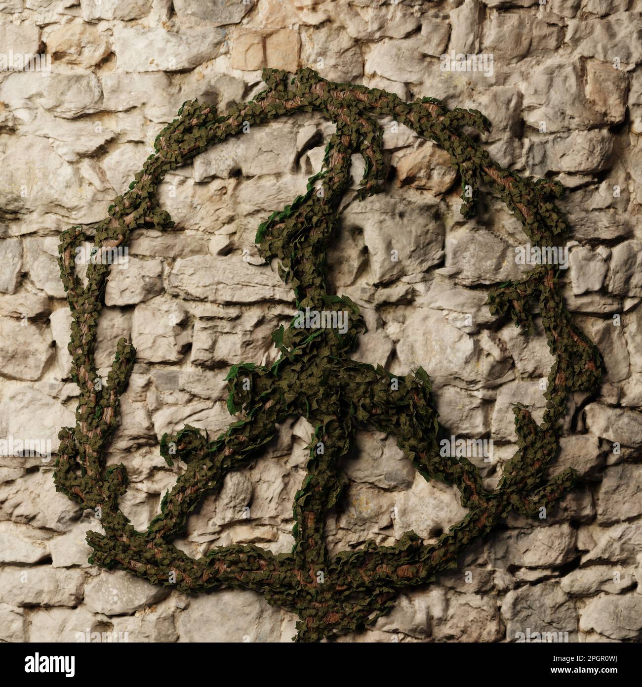 Ivy-Pflanze als Friedenszeichen auf einer rustikalen Steinmauer, 3D-Rendering Stockfoto