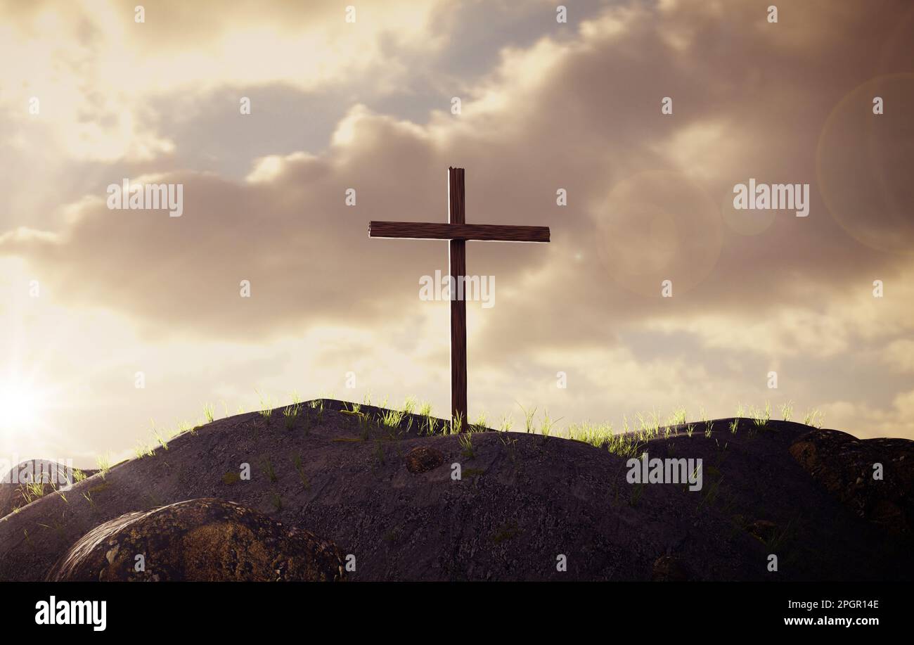 Ein großes Kreuz auf einem Hügel, Auferstehung Jesu Christi, Kreuzigung, Sonnenaufgang, gemischte Medien Stockfoto