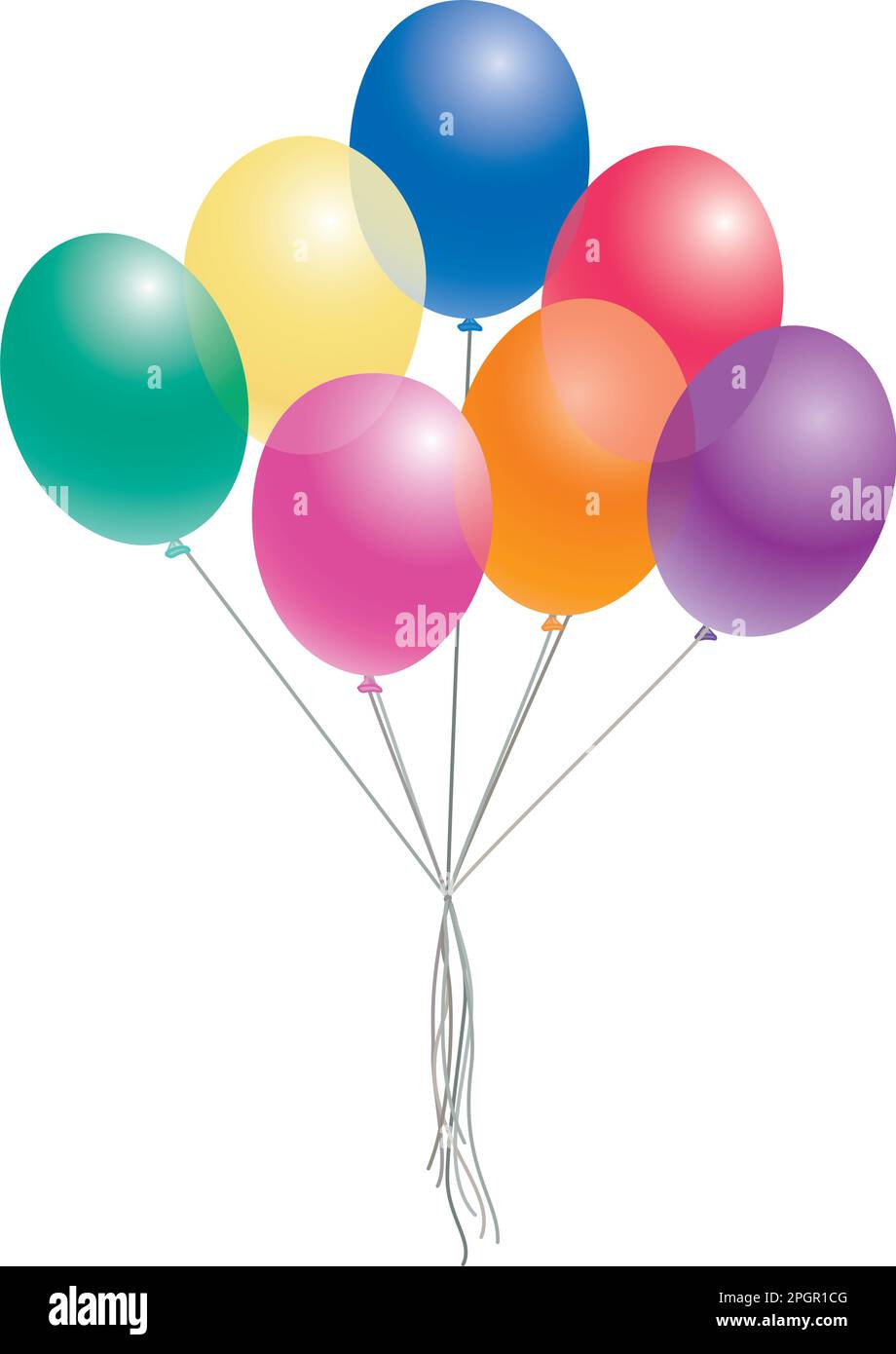 7 fotorealistische, helle, gezapfte Ballons auf weißem Hintergrund; können verschoben und neu angeordnet werden. In einer Vektoranwendung gelöscht. Stock Vektor