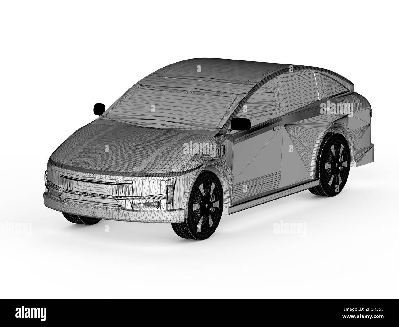 3D-Darstellung des Entwurfs eines Elektroautos oder Elektroautos auf weißem Hintergrund Stockfoto