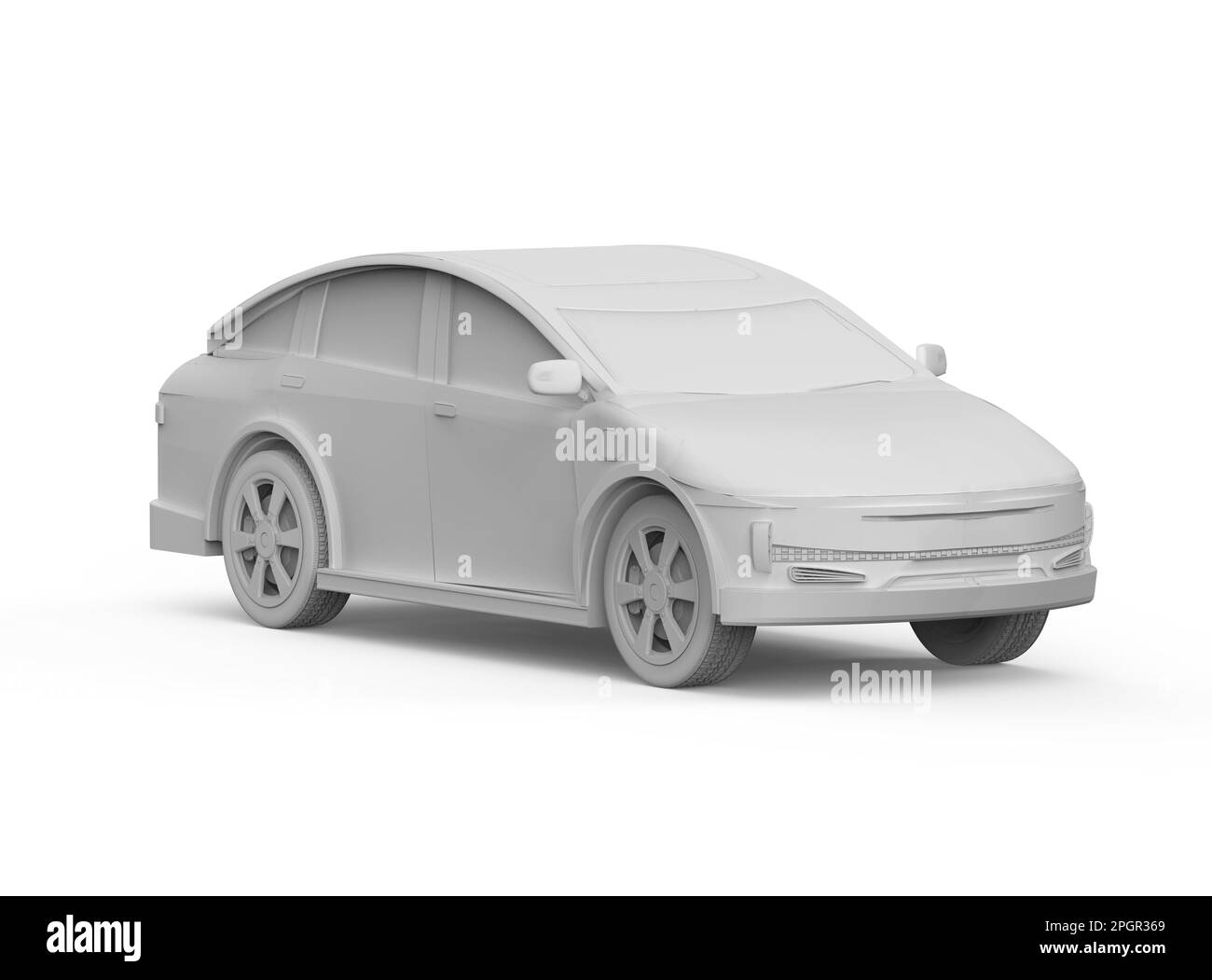 3D-Rendering von weißem EV-Auto oder Elektrofahrzeug auf weißem Hintergrund Stockfoto