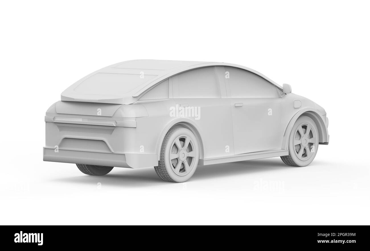 3D-Rendering von weißem EV-Auto oder Elektrofahrzeug auf weißem Hintergrund Stockfoto