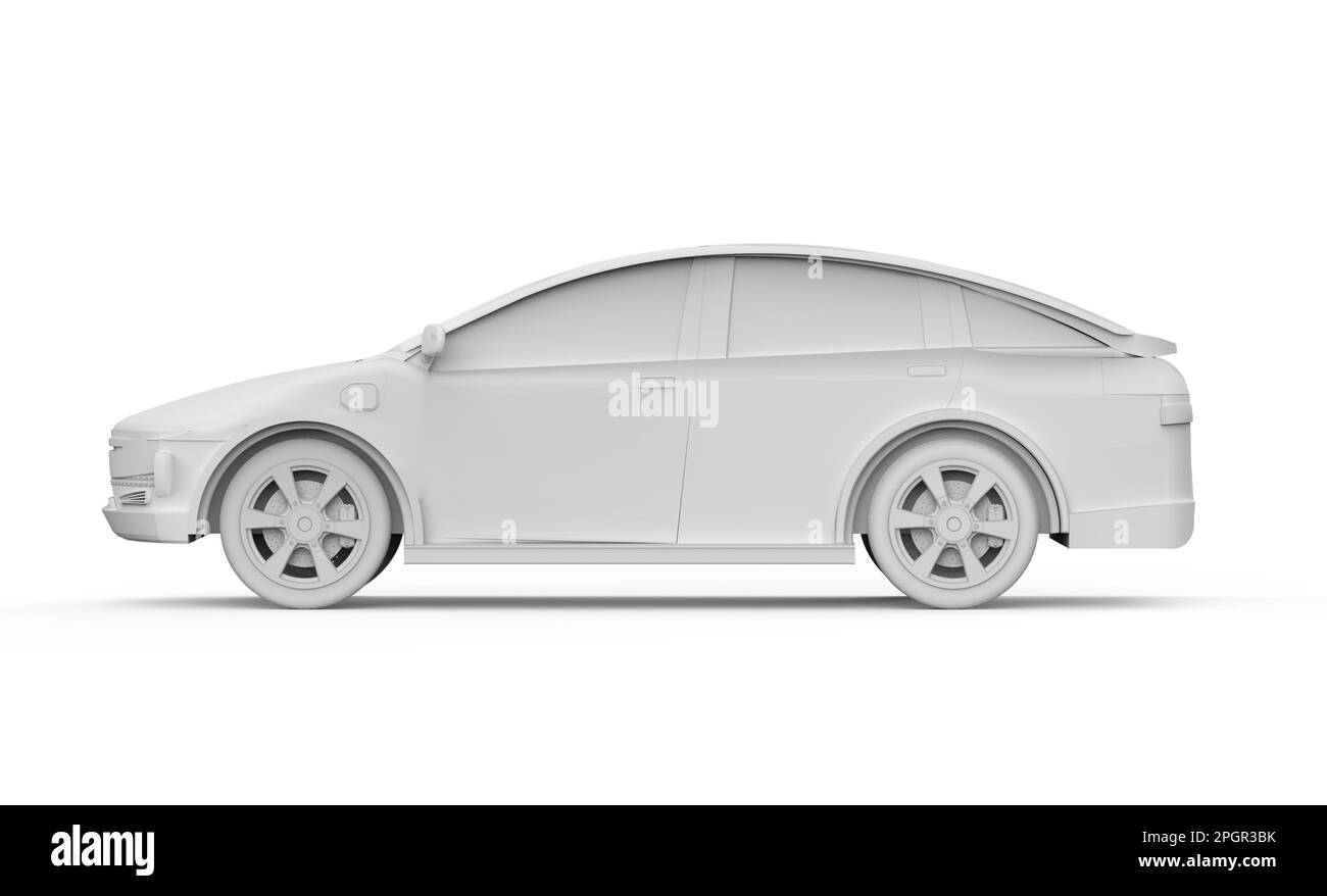 3D-Rendering von weißem EV-Auto oder Elektrofahrzeug auf weißem Hintergrund Stockfoto