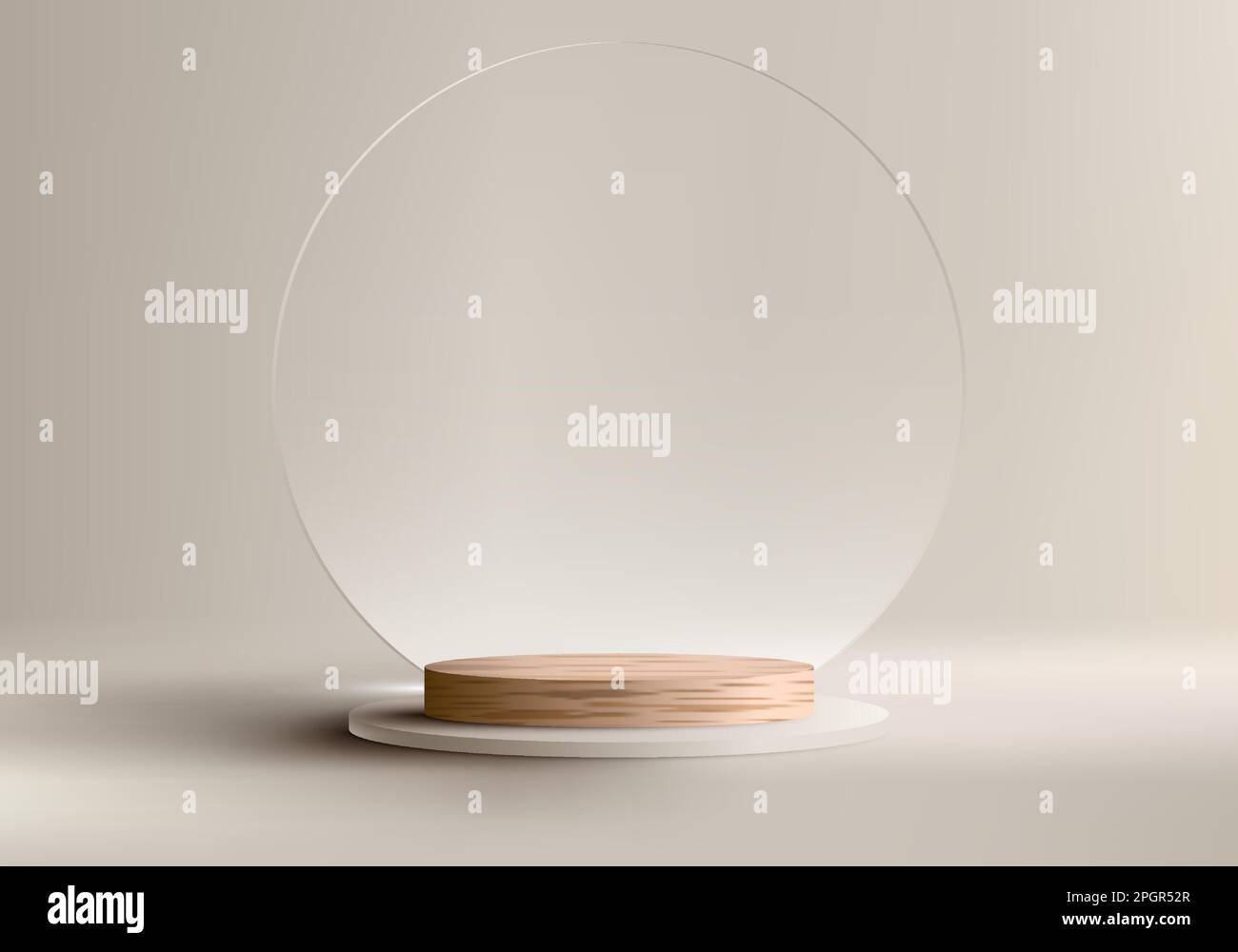 3D realistischer, leerer Studioraum mit hölzernem Podium-Standfuß mit transparentem, kreisförmigem Glashintergrund auf beigefarbenem Hintergrund. Produktanzeige für c Stock Vektor