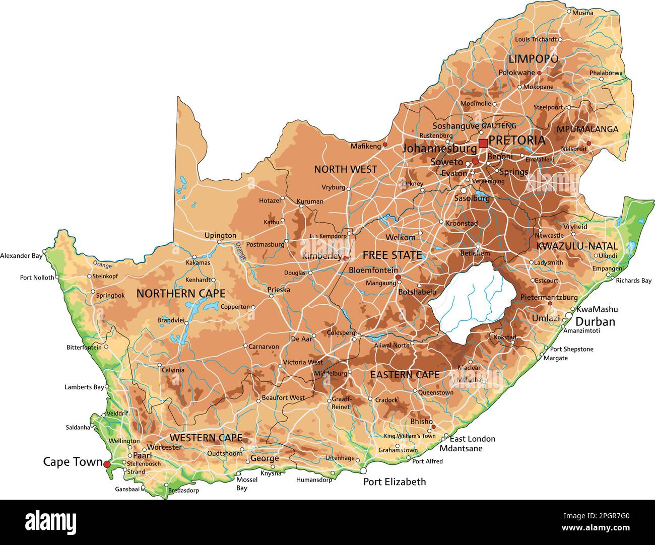 Hochdetaillierte physische Karte Südafrikas mit Beschriftung. Stock Vektor
