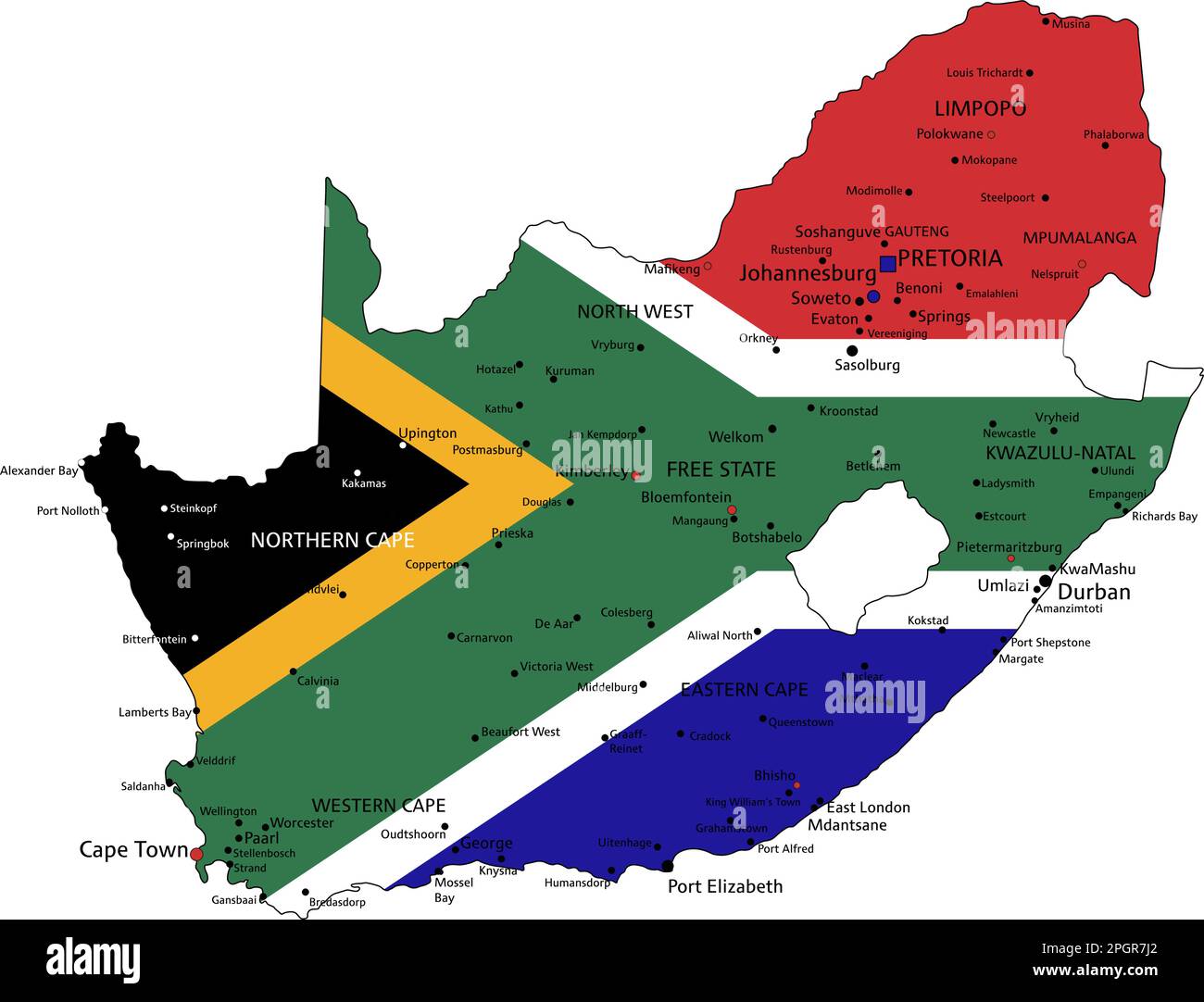 Südafrikas sehr detaillierte politische Karte mit nationaler Flagge. Stock Vektor