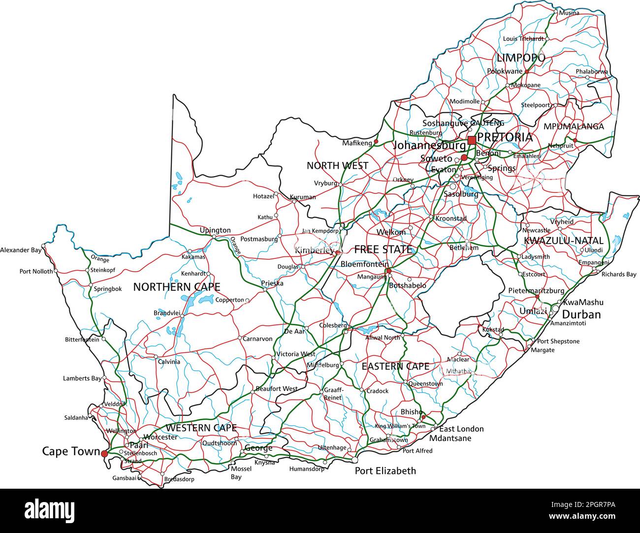Detaillierte Südafrikanische Straßenkarte mit Kennzeichnung. Stock Vektor