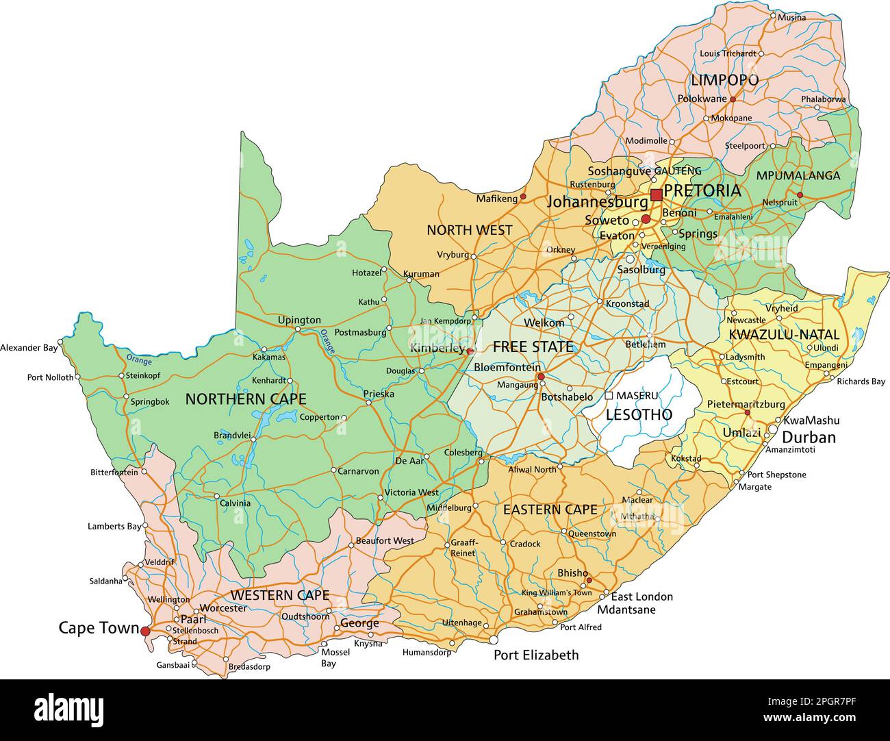 Südafrika - sehr detaillierte, bearbeitbare politische Karte mit Kennzeichnung. Stock Vektor