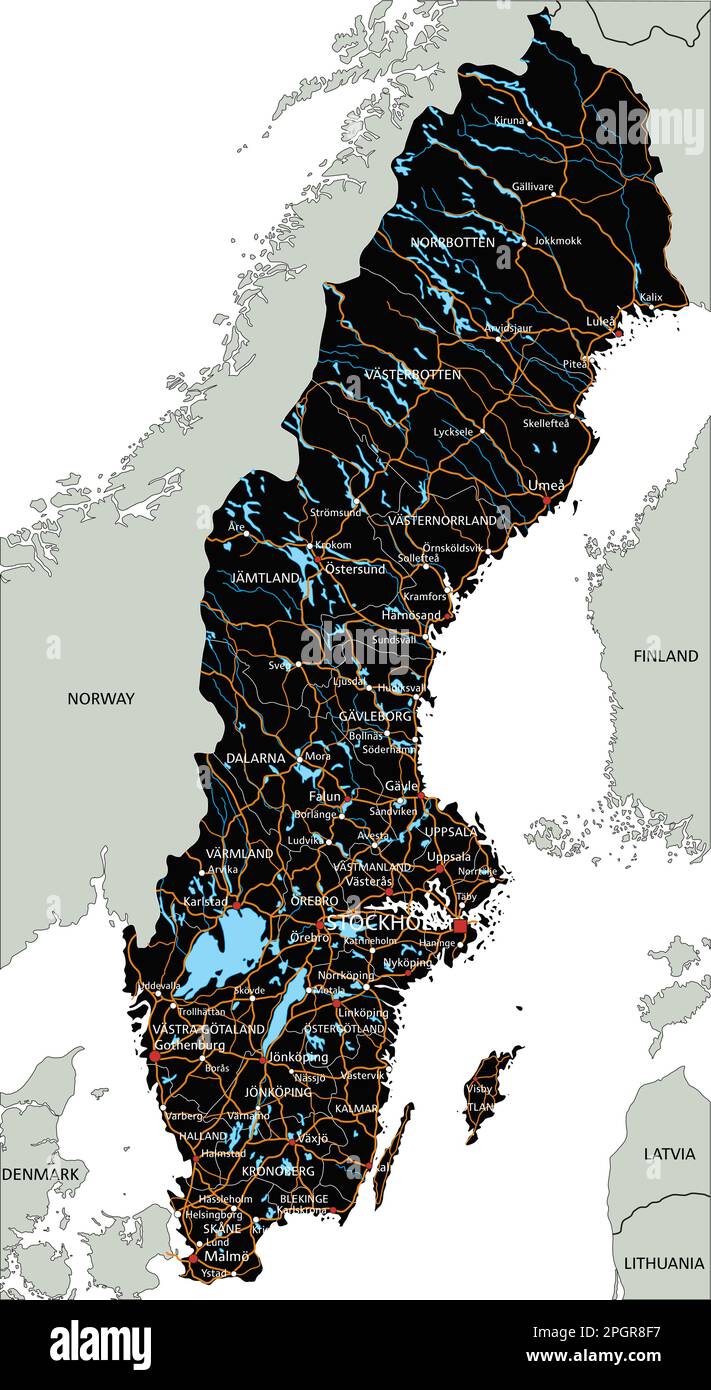 Detaillierte schwedische Straßenkarte mit Kennzeichnung. Stock Vektor