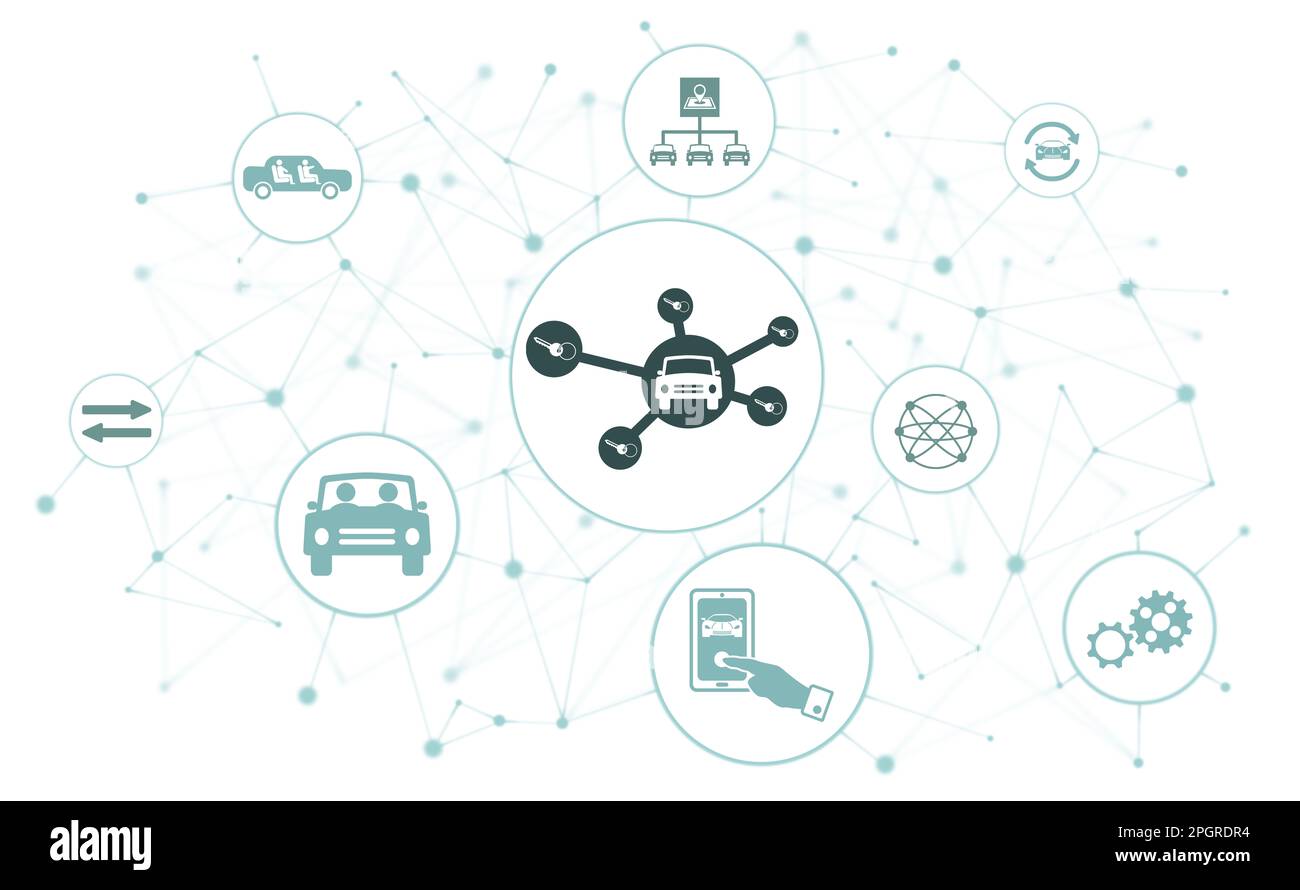 Konzept des Carsharing mit verbundenen Symbolen Stockfoto