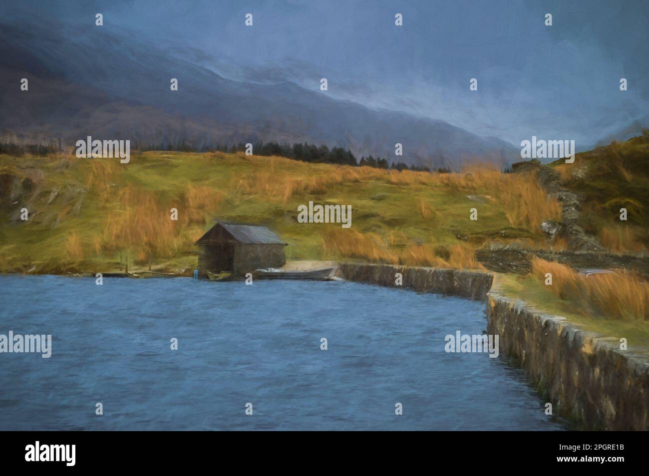 Digitale Malerei mit Panoramablick auf Llyn y Dywarchen, Snowdon und Y Garn im Winter im Snowdonia-Nationalpark in Nordwales. Stockfoto