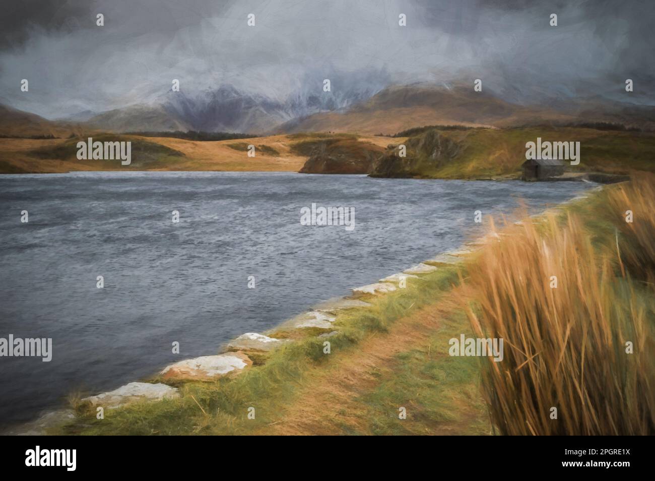 Digitale Malerei mit Panoramablick auf Llyn y Dywarchen, Snowdon und Y Garn im Winter im Snowdonia-Nationalpark in Nordwales. Stockfoto
