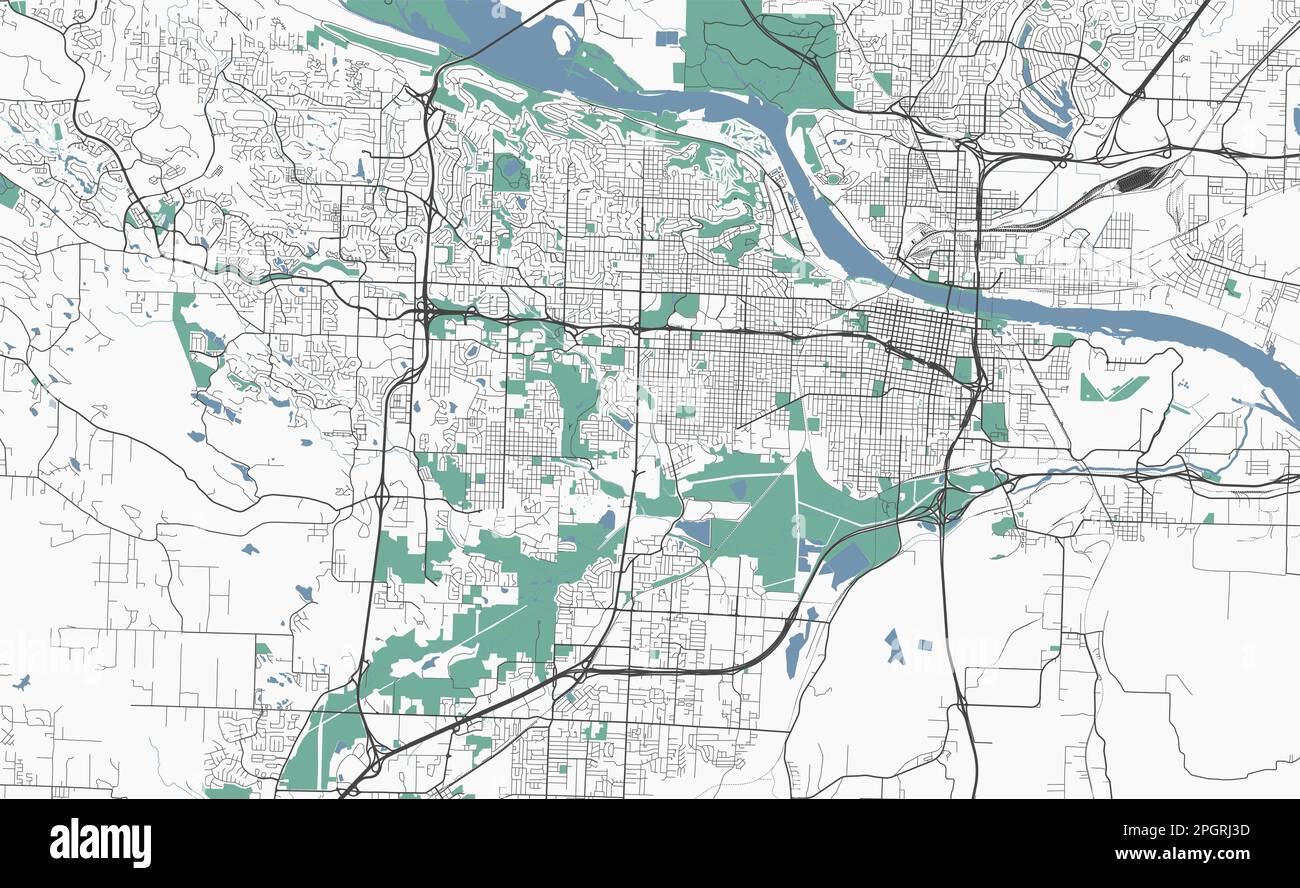 Little Rock MAP, Hauptstadt des US-Bundesstaates Arkansas. Stadtplan mit Flüssen und Straßen, Parks und Eisenbahnen. Vektorbeleuchtung Stock Vektor