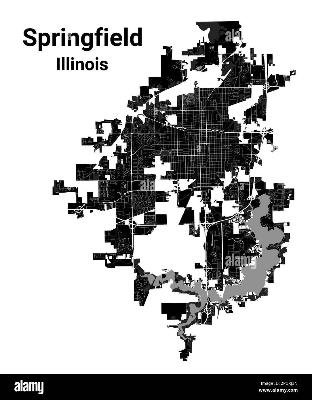 Stadtplan von Springfield, Hauptstadt des US-Bundesstaates Illinois. Kommunale Verwaltungsgrenzen, Schwarzweißkarte mit Flüssen und Straßen, Parks und Stock Vektor