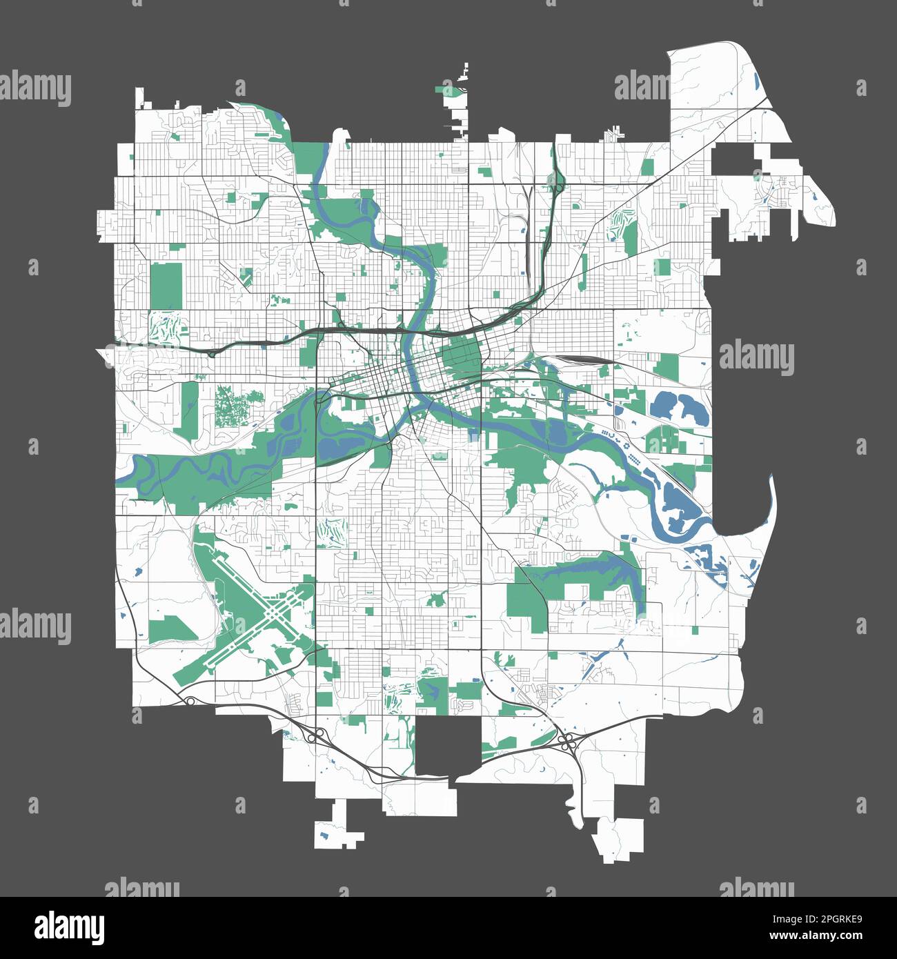 Karte des Moines, Hauptstadt des US-Bundesstaates Iowa. Stadtplan mit Flüssen und Straßen, Parks und Eisenbahnen. Vektor-Illustration Stock Vektor