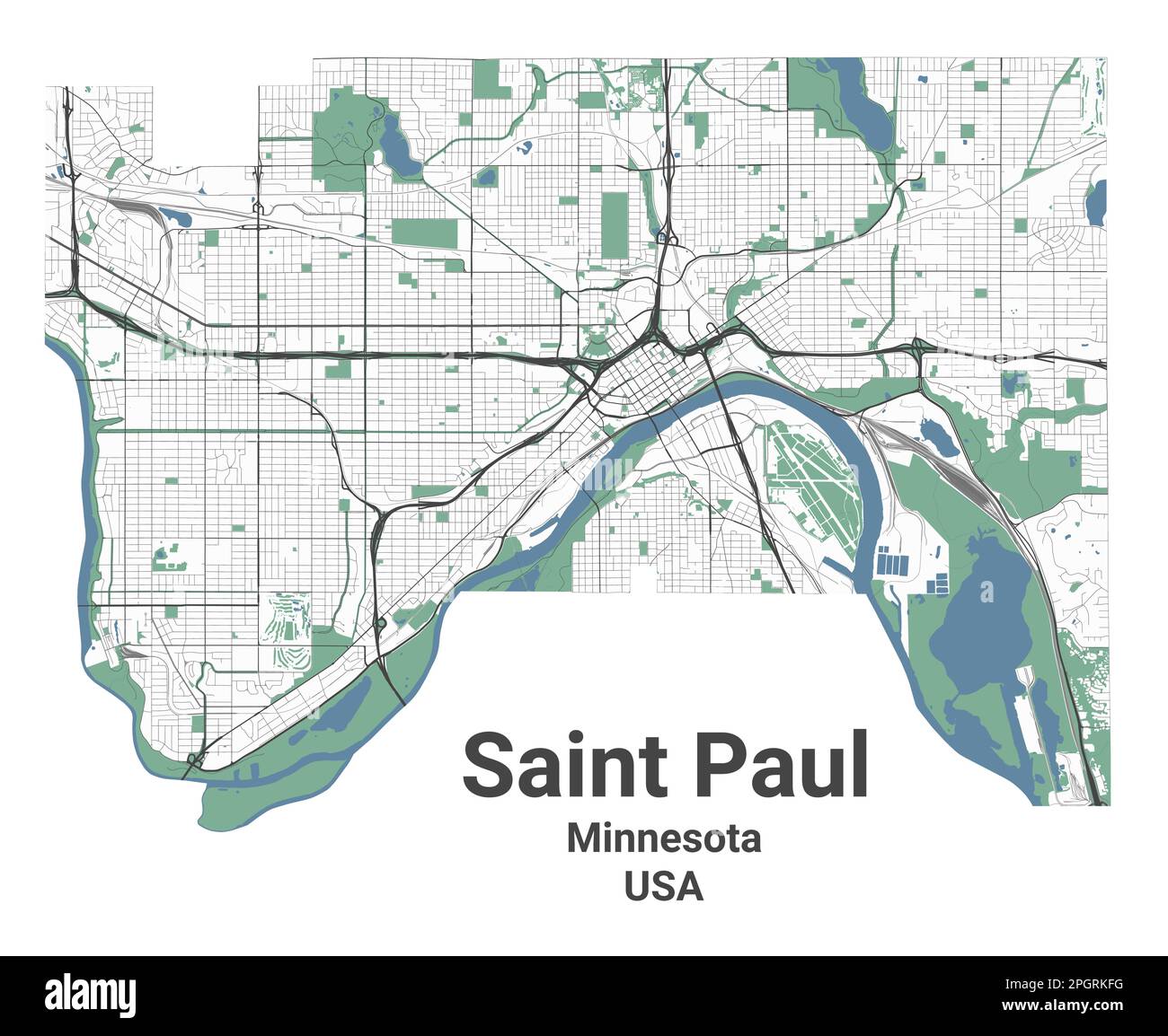 Saint Paul MAP, Hauptstadt des US-Bundesstaats Minnesota. Stadtplan mit Flüssen und Straßen, Parks und Eisenbahnen. Vektorbeleuchtung Stock Vektor