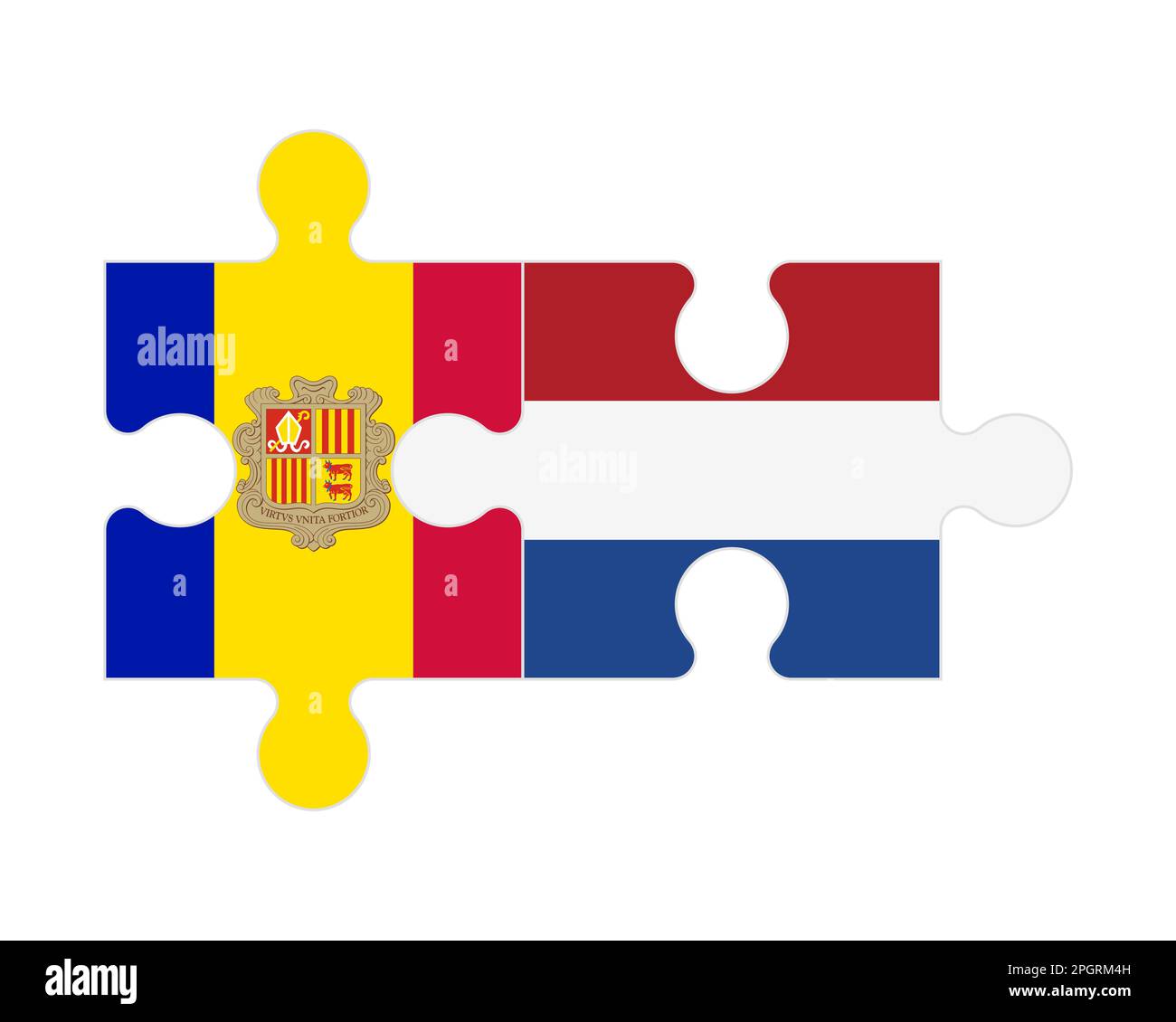 Zusammenhängendes Puzzle von Flaggen von Andorra und den Niederlanden, Vektor Stock Vektor