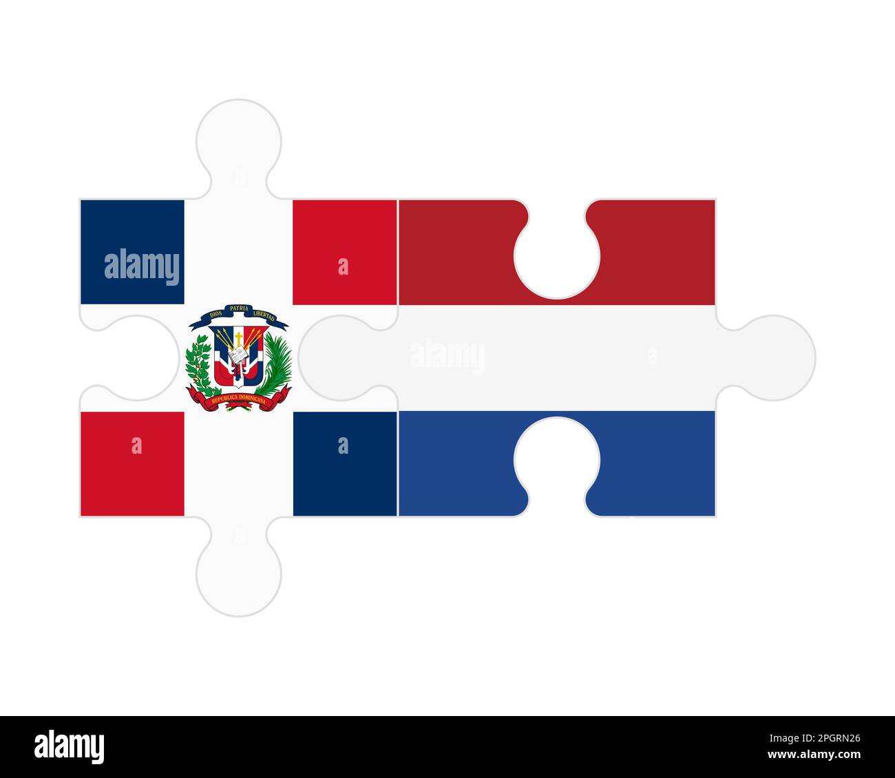 Zusammenhängendes Puzzle von Flaggen der Dominikanischen Republik und der Niederlande, Vektor Stock Vektor