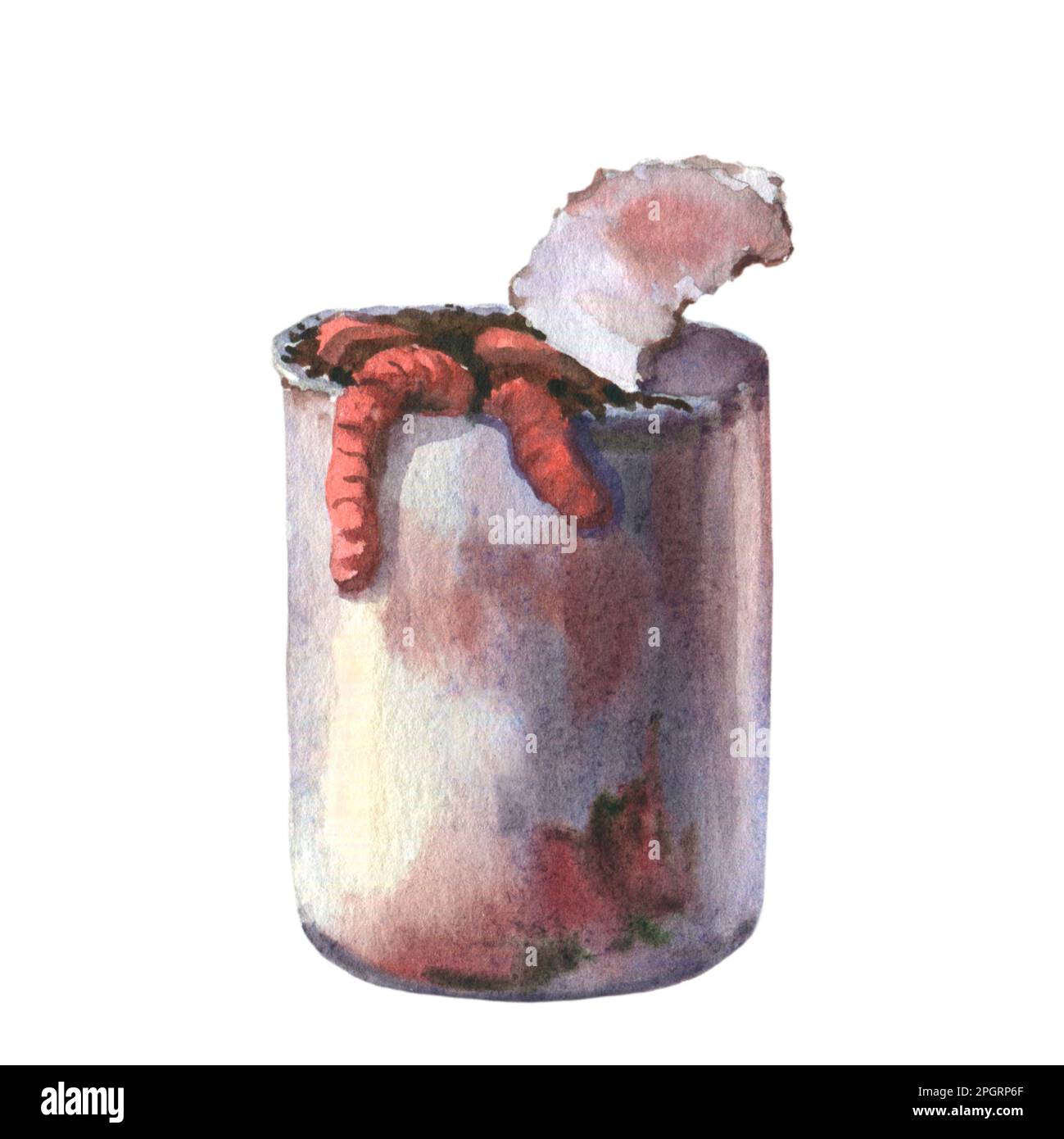 Eine rostige Blechdose mit Würmern als Angelköder. Aquarelldarstellung isoliert auf weißem Hintergrund Stockfoto