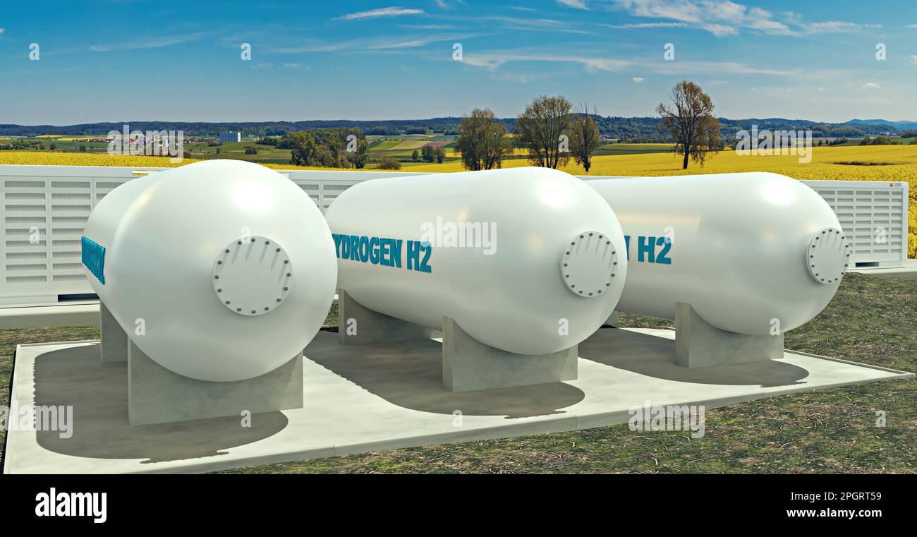 Eine moderne Wasserstoffeinheit mit Batteriespeicher in der Natur , 3D Abbildung Stockfoto