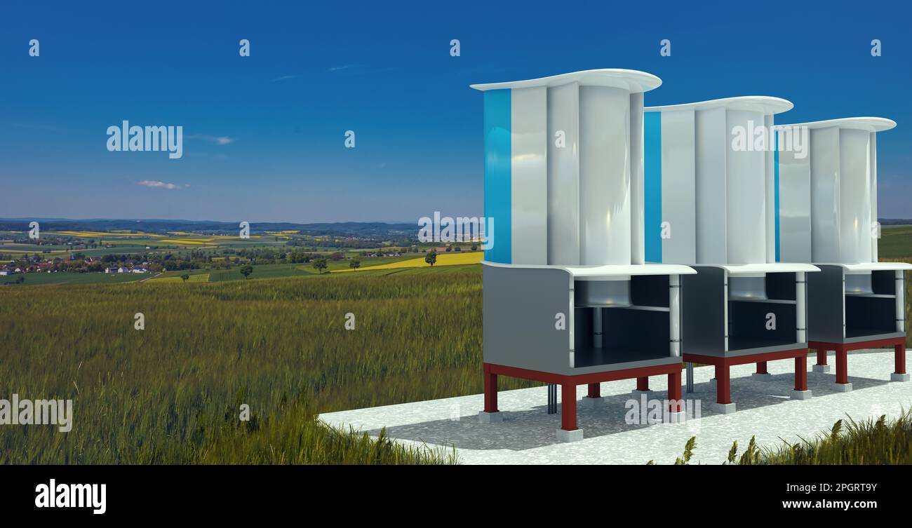 Moderne Windturbinen mit Batteriespeicher in der Natur, 3D-Darstellung Stockfoto