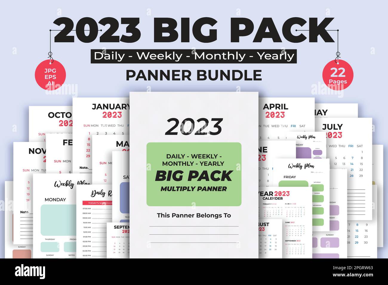 2023 Täglich – wöchentlich – monatlich – jährlich Big Pack Planner Paket Niedrig und ohne Inhalt Buch Stock Vektor