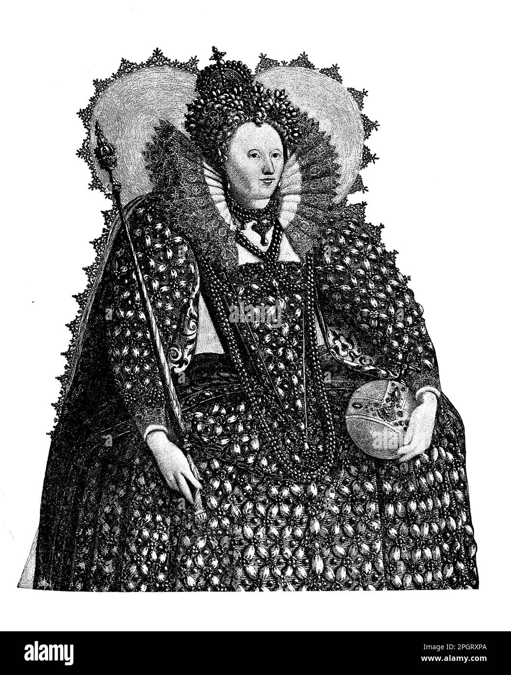 Elizabeth I. von England war eine der mächtigsten und erfolgreichsten Monarchen in der englischen Geschichte. Sie herrschte ab 1558-1603 und beaufsichtigte die Blüte der englischen Renaissance-Kultur, die Niederlage der spanischen Armada und die Errichtung der anglikanischen Kirche. Stockfoto