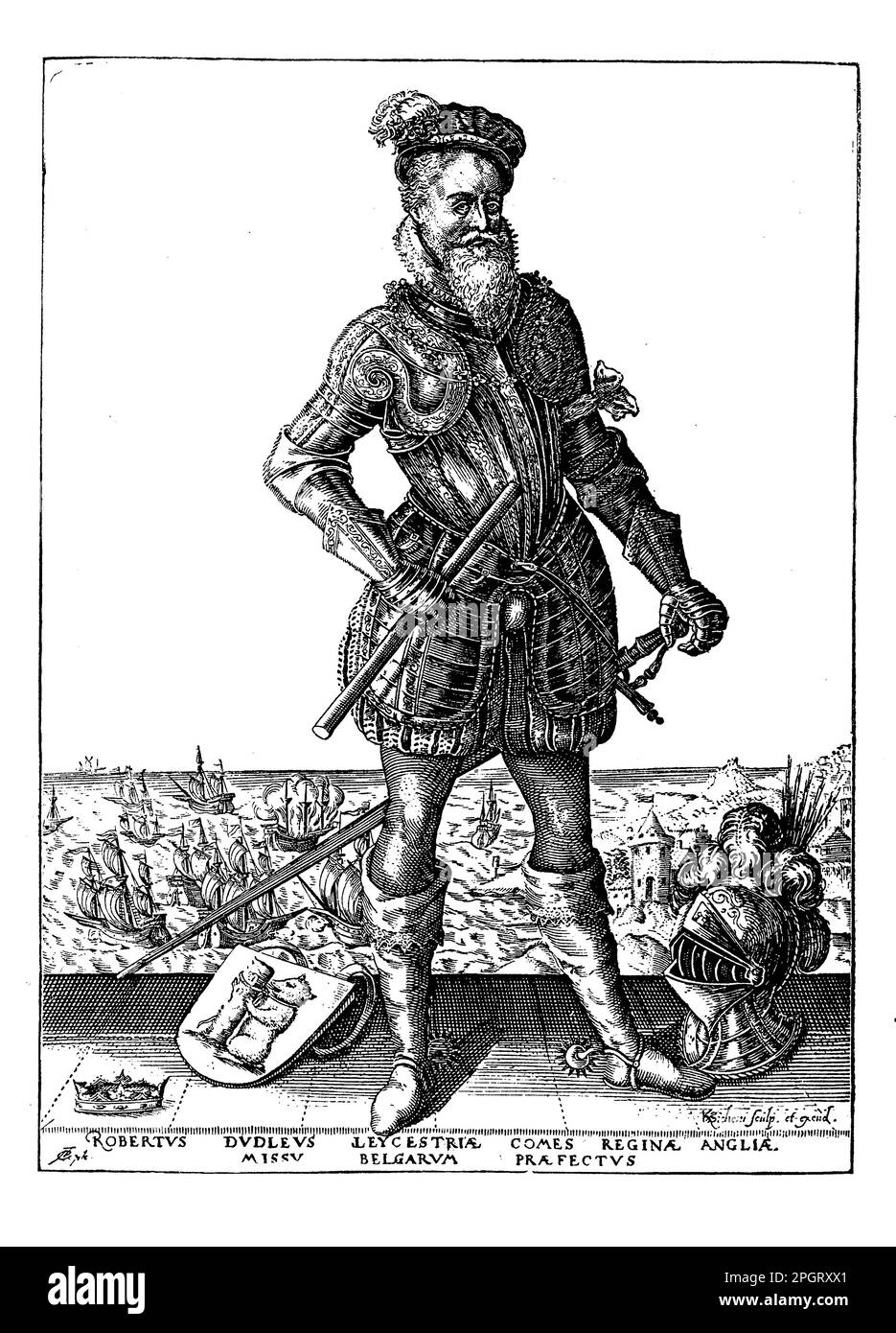 Robert Dudley, auch bekannt als Earl of Leicester, war ein prominenter englischer Adliger und Politiker, der von 1532 bis 1588 lebte. Er war ein enger Freund und Favorit von Königin Elisabeth I., und man glaubte weithin, dass er ihr Liebhaber war. Dudley spielte eine Schlüsselrolle in der elisabethanischen Politik und war an militärischen Kampagnen in den Niederlanden beteiligt. Er war auch Schutzpatron der Künste und unterstützte die Arbeit von Schriftstellern wie Edmund Spenser. Stockfoto